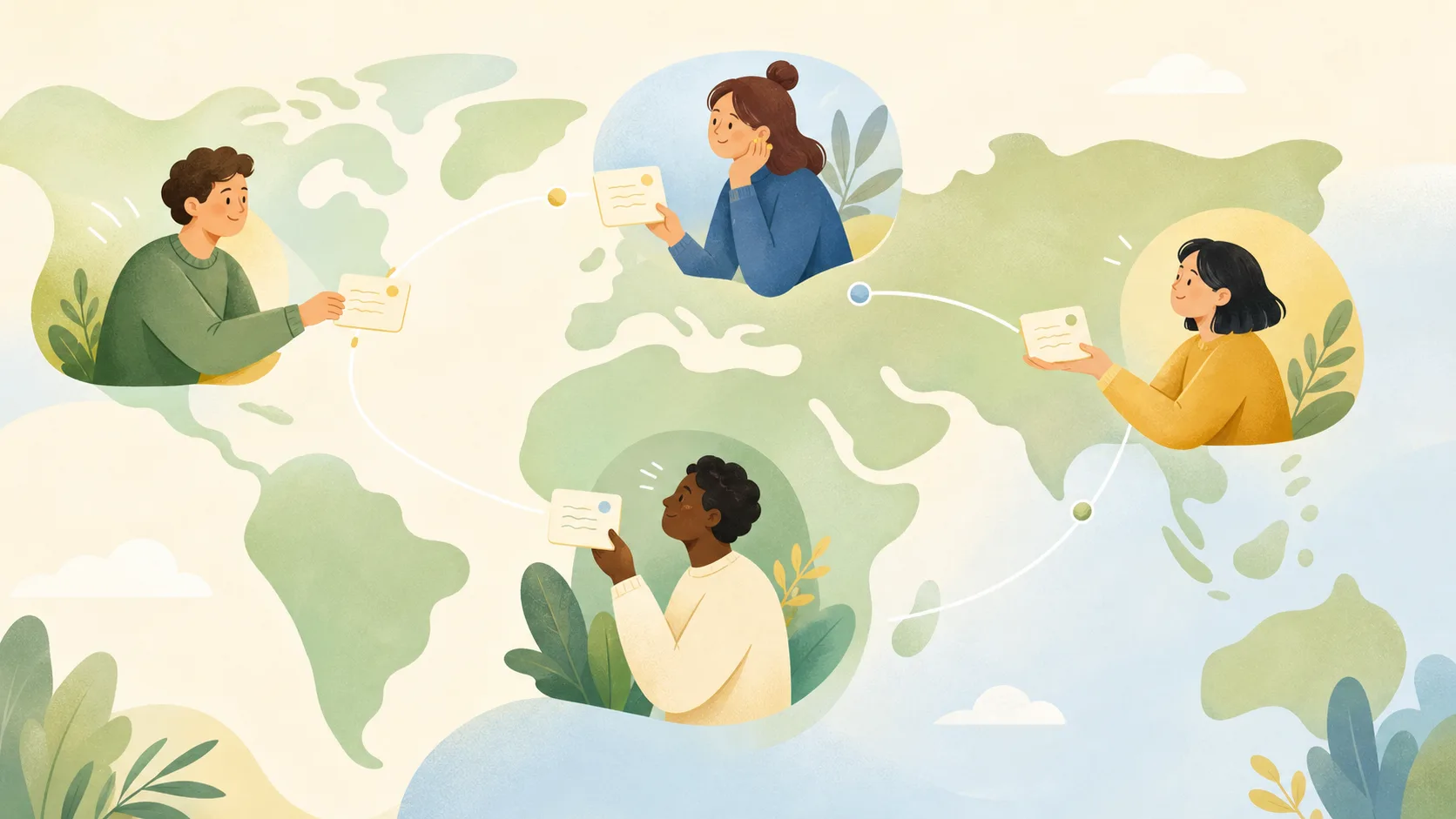 Illustration of people in different regions sharing small public notes across a soft world map.