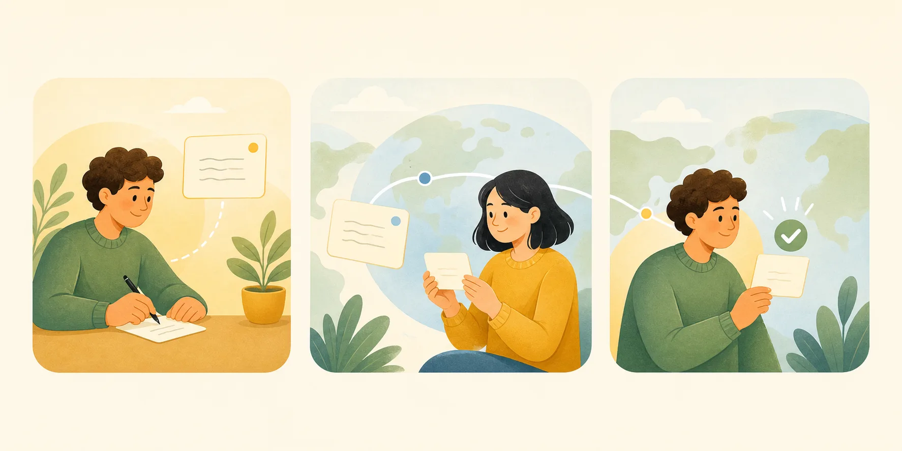 Illustration showing a small public wish being shared, answered, and marked as helped by the user.